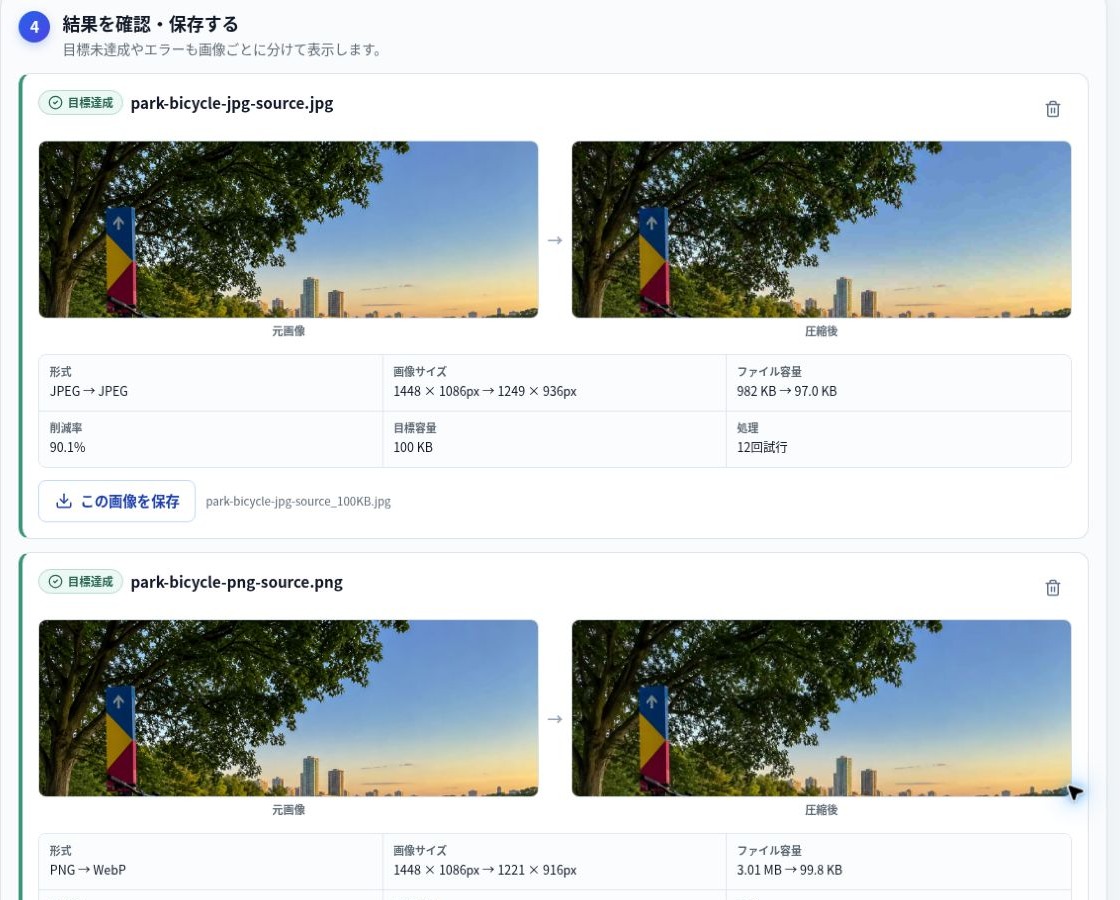 JPGとPNGが100KB以下になった圧縮結果